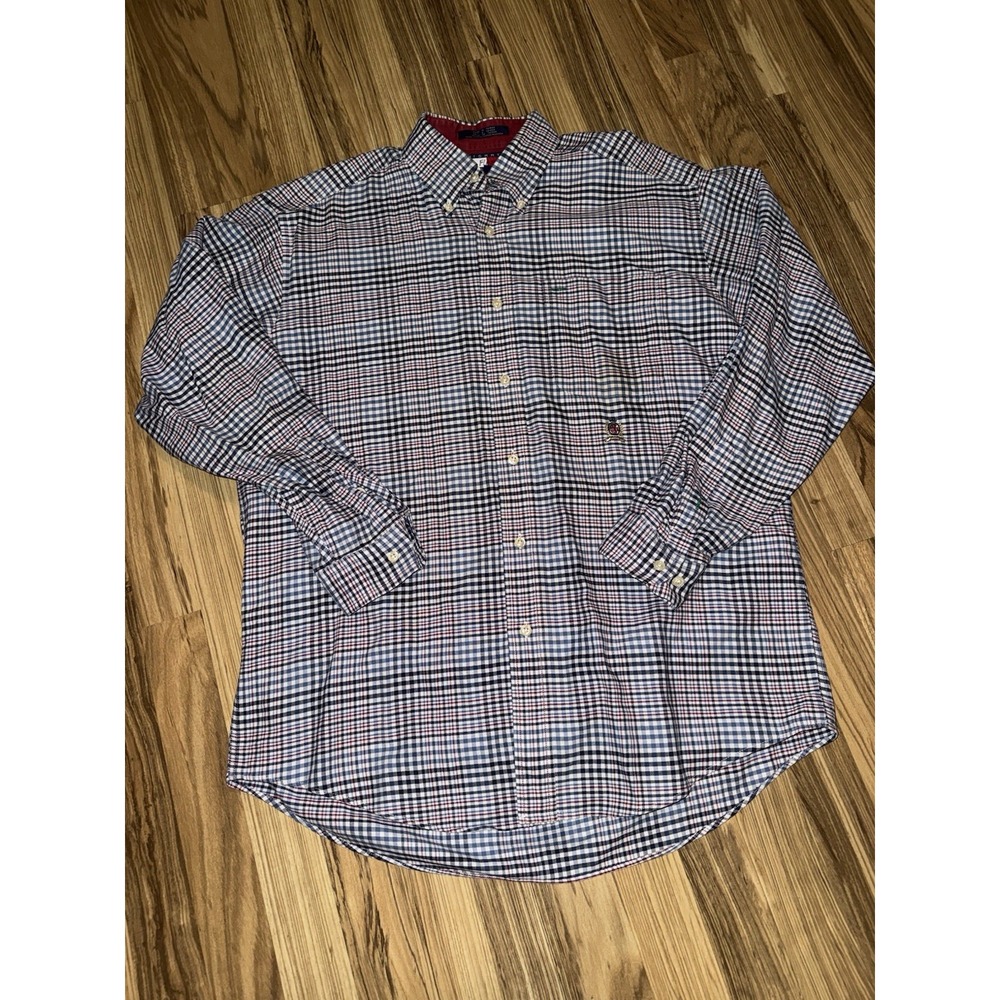 Tommy Hilfiger Shirt Mens Adult Medium Blue Red Check Button Up Long Sleeve Logo